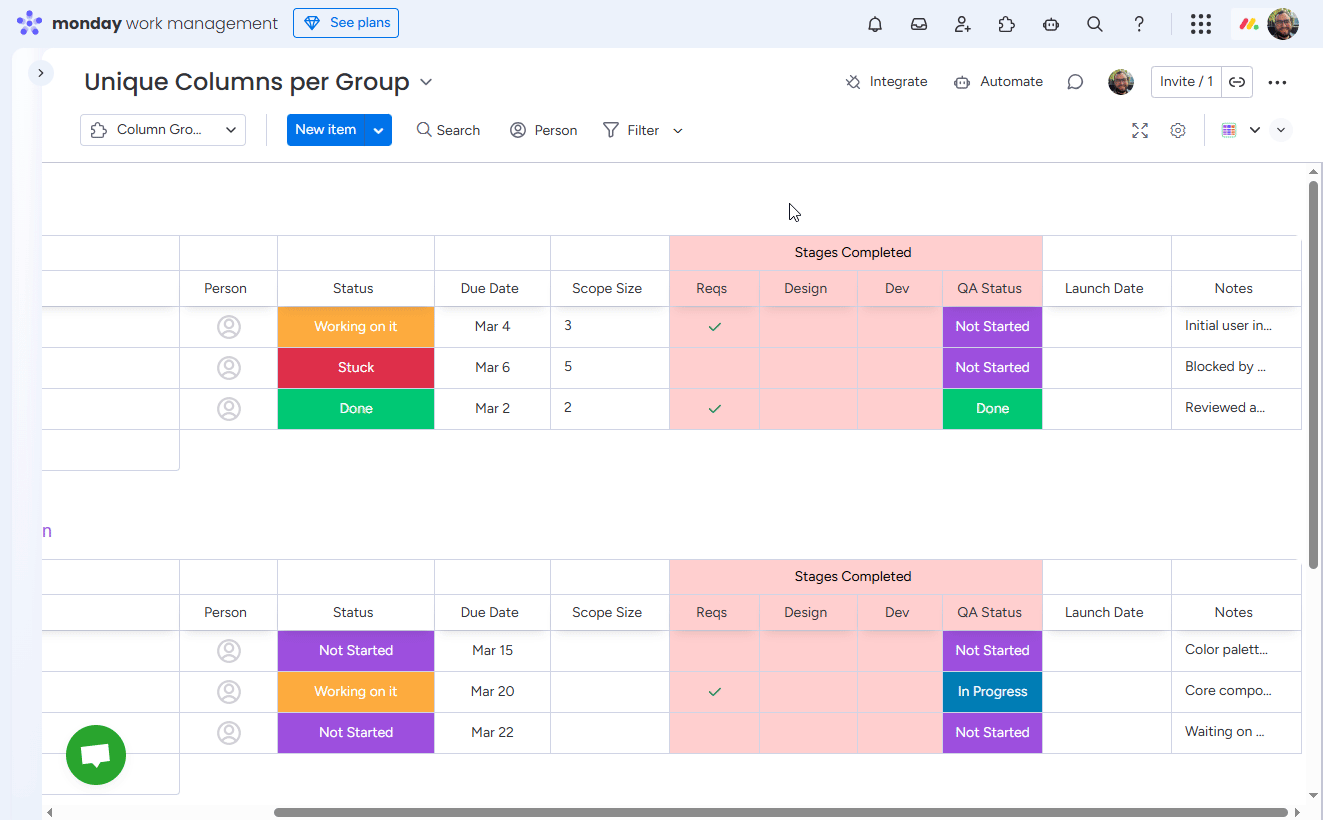 Adjusting coloring level for column groups